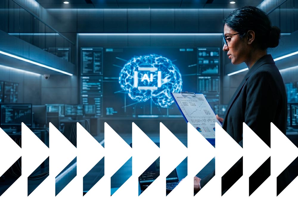A imagem mostra um cérebro ao fundo, com as palavras IA. A frente, uma pessoa está trabalhando no computador.