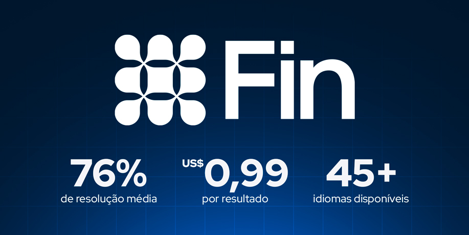 Dados do Fin em 2026: 76% de resolução média em base de mais de 12 mil clientes, cobrança de US$ 0,99 por resultado e atendimento em mais de 45 idiomas.