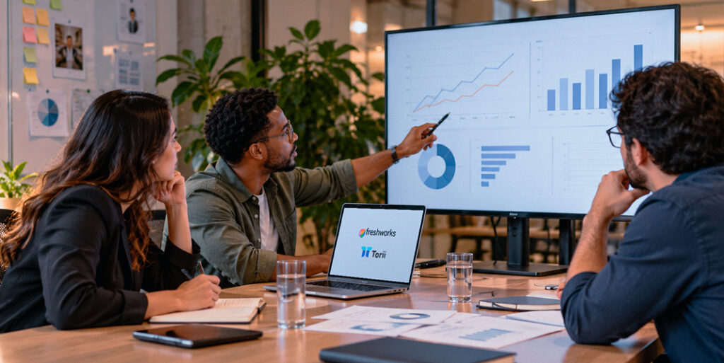Profissionais de TI e de finanças analisam juntos, em um monitor, a variação do gasto com IA da empresa.